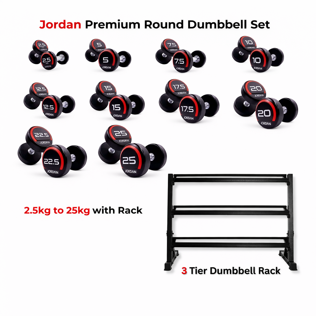 Jordan Fitness Round Dumbbell Set 2.5 Kg to 25 Kg (10 Pairs) with 3 Tier Rack UK