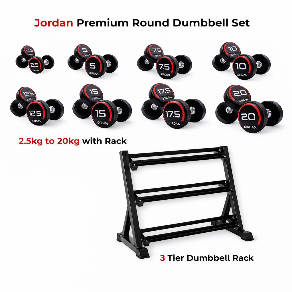 Jordan Fitness Round Dumbbell Set 2.5 Kg to 20 Kg (8 Pairs) with 3 Tier Rack UK