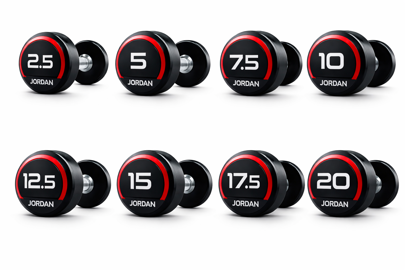Jordan Fitness Round Dumbbell Set 2.5 Kg to 20 Kg (8 Pairs) with 3 Tier Rack UK