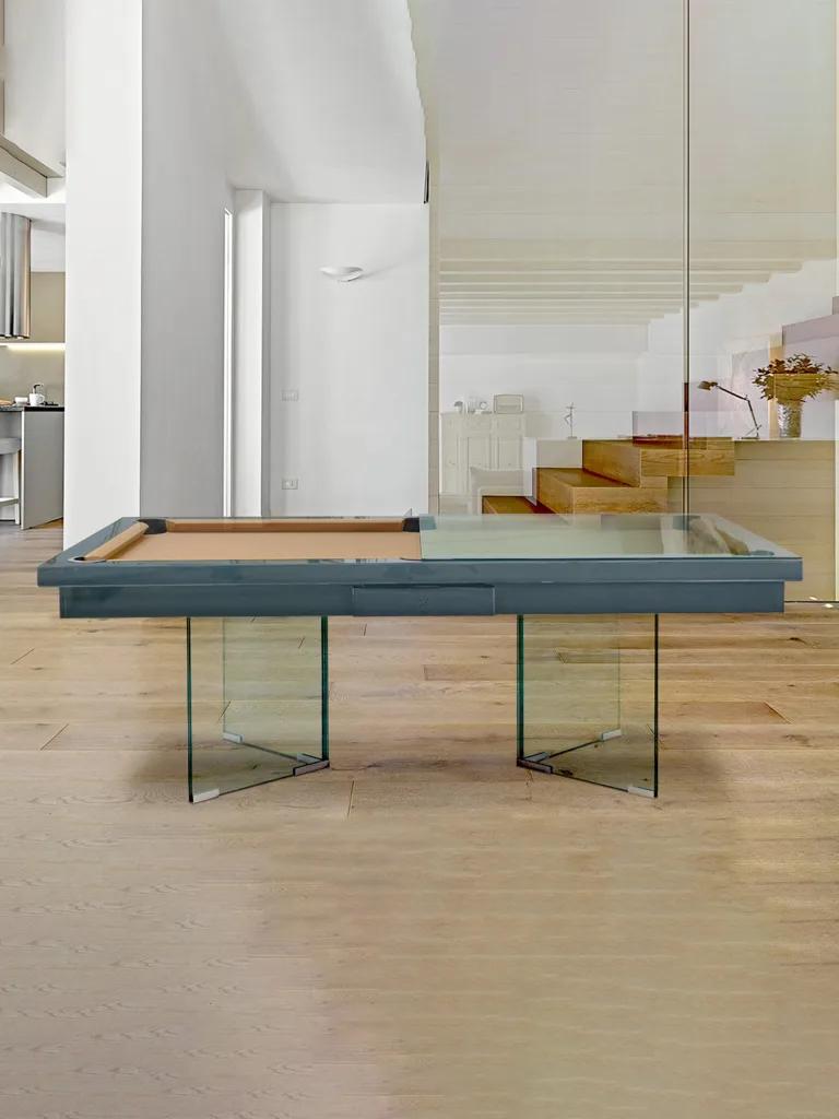 BILIJARDAI Pronto 20 Glossy Black Modern Pool Table with LED Laminated Glass Legs | 8 FT