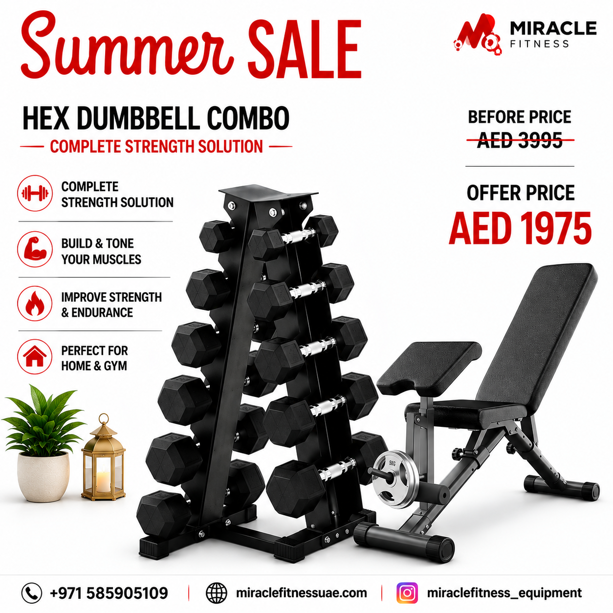 Miracle Fitness Hex Dumbbell set with Bench Press