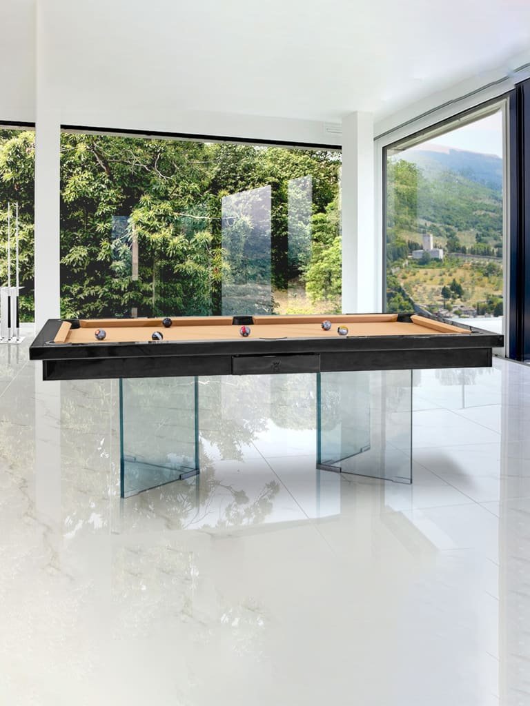 BILIJARDAI Pronto 20 Glossy Black Modern Pool Table with LED Laminated Glass Legs | 8 FT