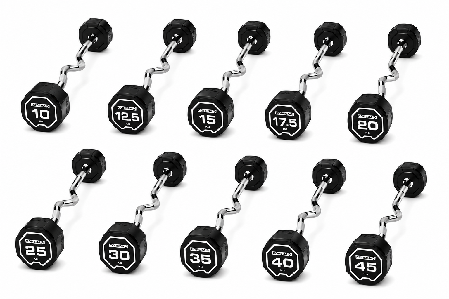 Escape Fitness Nucleus Urethane Curl Barbell Sets 10kg to 45kg USA